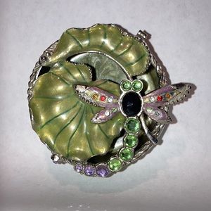 Ashleigh Manor Pewter Enamel Jeweled Dragonfly round Box trinket 2 1/2 diameter